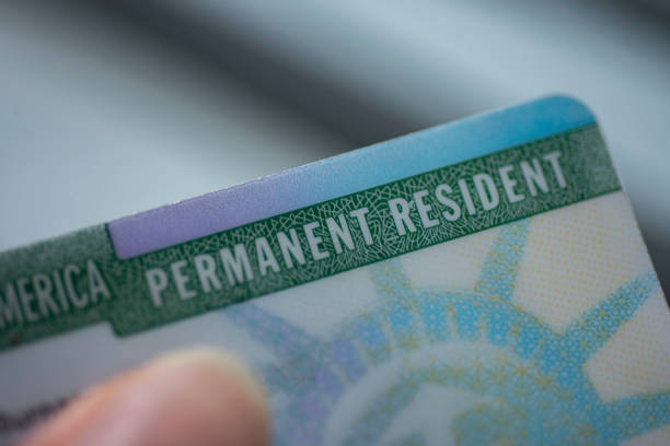 Close up view of Permanent resident card (Green) card of USA on blurred background. stock photo