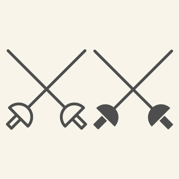 Fencing line and solid icon. Crossed rapiers outline style pictogram on beige background. Swords for mobile concept and web design. Vector graphics. Fencing line and solid icon. Crossed rapiers outline style pictogram on beige background. Swords for mobile concept and web design. Vector graphics fencing sport stock illustrations