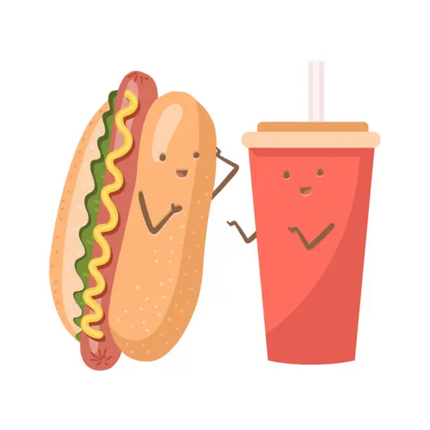 Vector illustration of Cute funny smiling happy hot dog and soda water cup. Isolated on white background. Fast food, cafe kids menu, hot dog and soda cup concept. Vector flat cartoon kawaii character illustration.