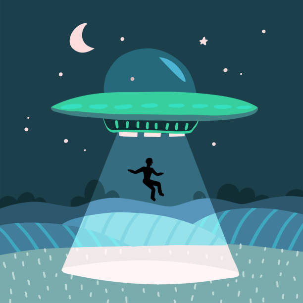 UFO abducting a men, summer night farm landscape in the night field. Vector background with stars and moon in the sky. Flat vector illustration UFO abducting a men, summer night farm landscape, in the night field with houses, vector background with stars and moon in the sky. alien invasion stock illustrations