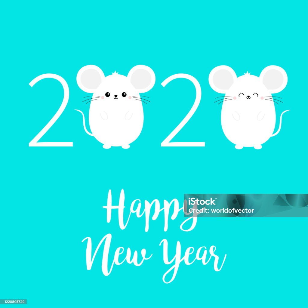 Happy New Year 2020 Sign Symbol Two White Mouse Set Merry ...