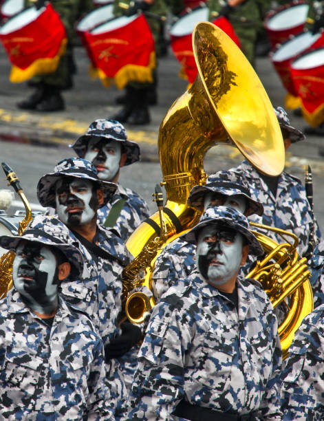 a camouflaged military band during the independence day parade in mexico city - tank musician imagens e fotografias de stock