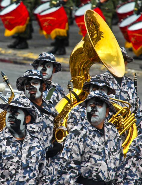 вид на военную банду, замаскированную во время парада по дню независимости мексики в мехико - tank musician стоковые фото и изображения