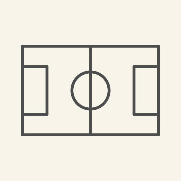 サッカーフィールドの細い線のアイコン。サッカースタジアムのアウトラインスタイルのピクトグラムベージュの背景に。モバイルコンセプトとウェブデザインのためのサッカースポーツの� - サッカー点のイラスト素材／クリップアート素材／マンガ素材／アイコン素材