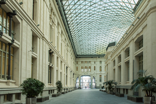 View of the glass gallery roof of the inner courtyard of the city hall complex in Madrid city, Spain.