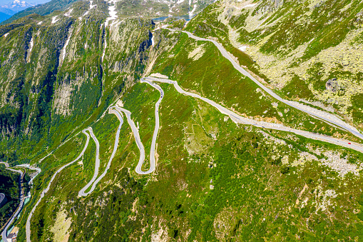 Grimselpass street in the Swiss Alps on the top of the mountains - aerial photography