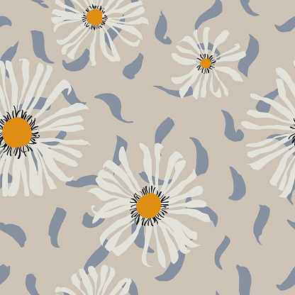 Seamless pattern made of daisies. Artistic background with flowers. Delicate floral illustration. Trendy flat drawing. Good for textile, fabric, wallpaper, bedding, clothes, wrapper, surface