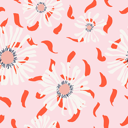 Seamless pattern made of daisies. Artistic background with flowers. Delicate floral illustration. Trendy flat drawing. Good for textile, fabric, wallpaper, bedding, clothes, wrapper, surface