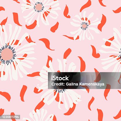 istock Seamless pattern made of large blooming daisies. 1220811796