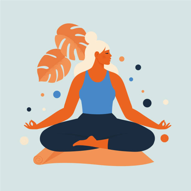 자연과 나뭇잎에서 명상하는 여성. 요가, 명상, 휴식, 레크리에이션, 건강한 라이프 스타일을위한 개념 그림. 평면 만화 스타일의 벡터 일러스트레이션입니다. - meditating practicing yoga body stock illustrations