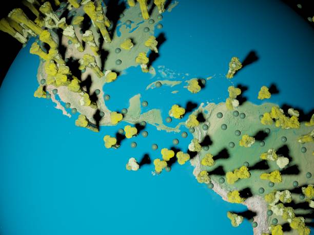 istock Digital image corona virus on planet Earth by countries and continents 1220817136