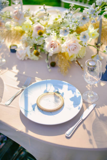 istock Table setting at a luxury wedding and Beautiful flowers on the table. 1220818123