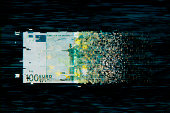 Pixelated european union currency on dark background