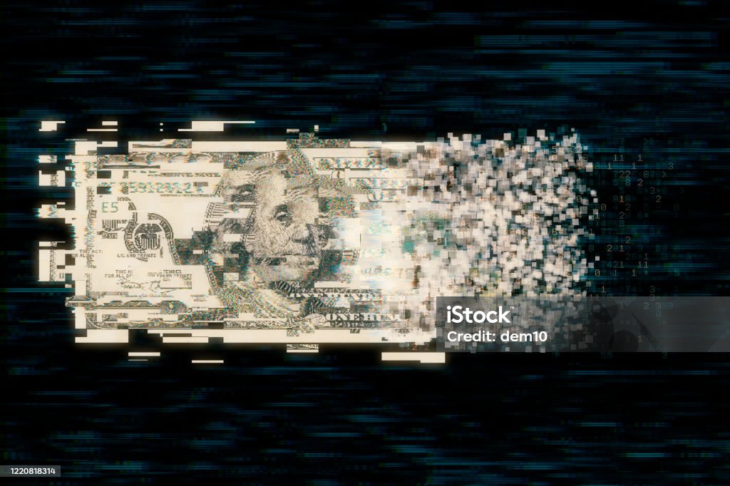 Pixelated us paper currency on dark background Money Transfer Stock Photo