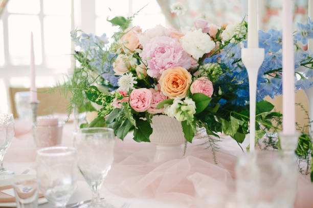 istock Table setting at a luxury wedding and Beautiful flowers on the table. 1220818324