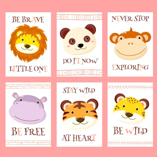 Vector illustration of Vector set of cards cute woodland tribal animals
