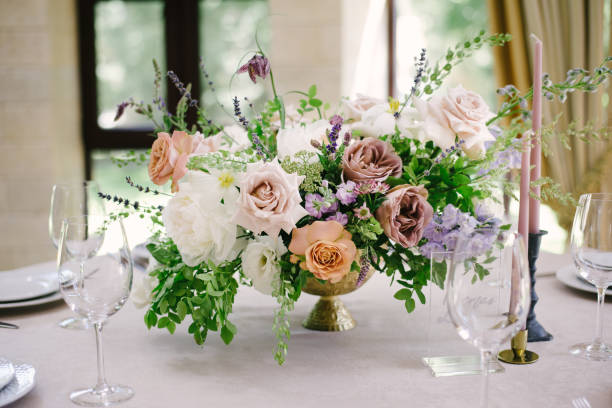 istock Table setting at a luxury wedding and Beautiful flowers on the table. 1220819233