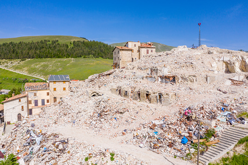 View of the house ruins and rubble on a hill, Castelluccio, Umbria, Italy