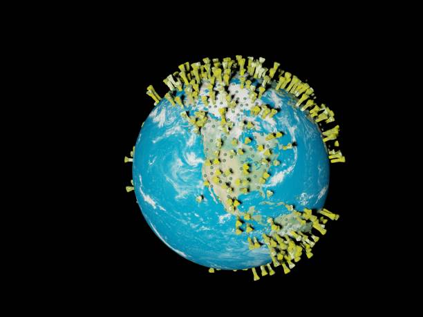 istock Digital image corona virus on planet Earth by countries and continents 1220820062