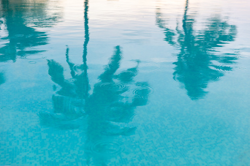 Palm trees reflecting in blue waters of swimming pool, Zanzibar, Tanzania