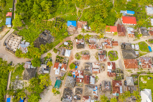 Drone point of view shot of a tropical village with thatched huts, Zanzibar, Tanzania