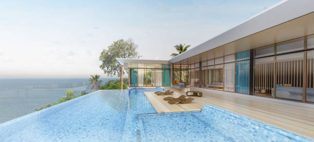 istock Sea view with a beautiful swimming pool 1220827325
