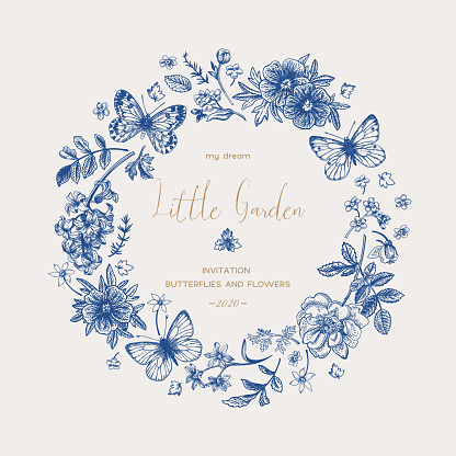 Vector wreath with butterflies and flowers. Delicate vintage background. Classic blue.