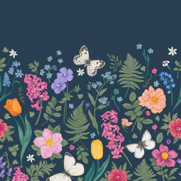 ilustrações de stock, clip art, desenhos animados e ícones de seamless border with spring flowers. - horticulture butterfly plant flower