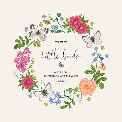 Wreath-shaped wedding invitation with spring flowers and butterflies. Little garden. Rosehip, meadow geranium, forget-me-not, hyacinth. Colorful.