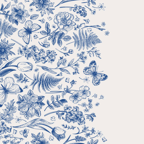 ilustraciones, imágenes clip art, dibujos animados e iconos de stock de flores de primavera y mariposas. frontera. - butterfly backgrounds seamless pattern