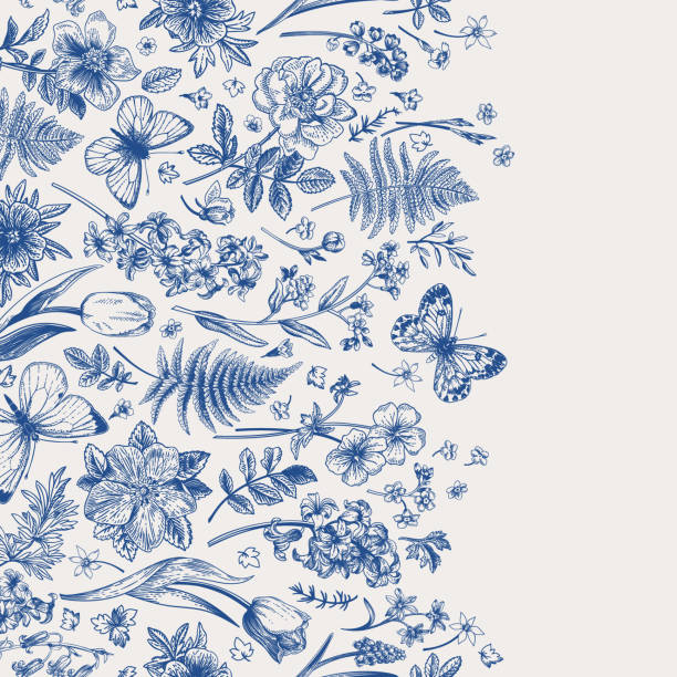 봄 꽃과 나비. 테두리. - butterfly backgrounds seamless pattern stock illustrations