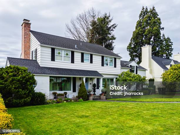White American Colonial Style House Exterior Stock Photo - Download Image Now - House, Building Exterior, Residential Building
