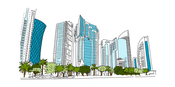 Landmark street capital Qatar, beautiful Doha Landmark street capital Qatar, beautiful Doha. Modern blue skyscrapers and green palm trees. Pearl Persian Gulf. Fashionable city buildings. Metropolis business district. Vector illustration dhow stock illustrations