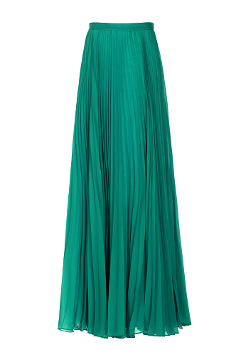 Green pleated organza long skirt isolated over white