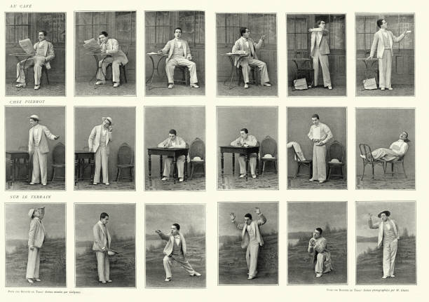 Vintage photographs of a Victorian actor acting Vintage photographs of an actor acting out scenes from a play. Pour une Bouffee de Tabac ! Scenes mimees par Galipaux (For a puff of tobacco! Scenes mimees par Galipaux). Felix Galipaux was a French actor, playwright, and humorist; known for his comic stage monologues. mime artist stock pictures, royalty-free photos & images