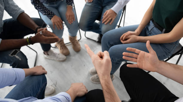 istock Top view of diverse people participate in group session 1220833411