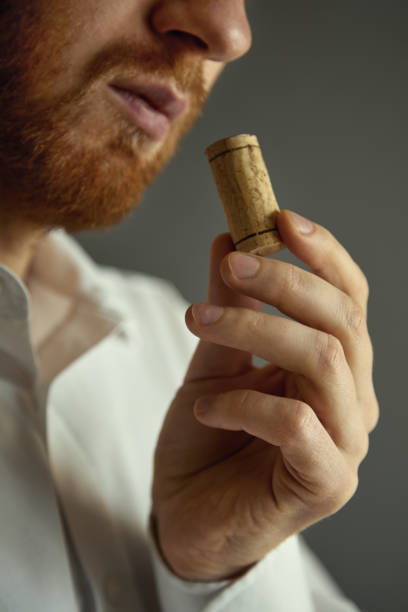 Close up image of sommelier examining smell of wine cork stock photo