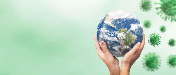 istock Viruses around the earth globe, world pandemic 1220835156