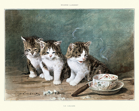Vintage illustration of Le Cigare (The cigar), engraving after Louis Eugene Lambert. Kittens curious about a lit cigar, 19th Century