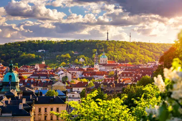 Photo of Spring view in Letna Park, Prague, Czech Republic. Spring in Prague (Praha), beautiful Letna park (Letenske sady) in sunlight, sunny landscape, popular tourist destination, Prague, Czech Republic