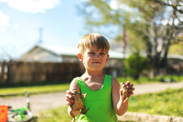 Happy smiling boy holding a tomato seedling in soil in a sunny garden