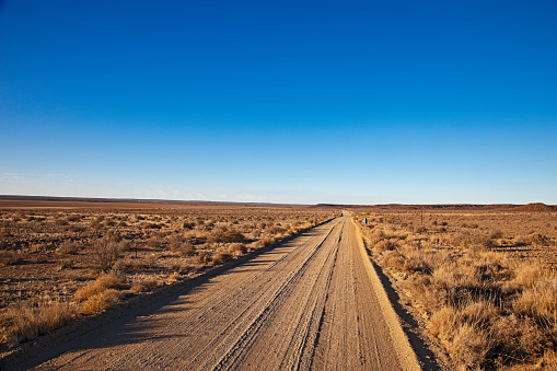 Straight gravel road running through drought-stricken Karoo region of Northern Cape, South Africa