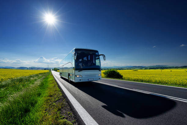 istock White bus driving on the asphalt road between the yellow flowering rapeseed fields under radiant sun in the rural landscape 1220839595