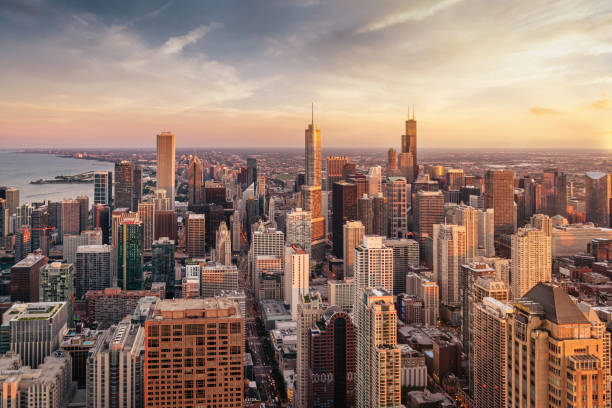 istock Chicago Skyline Colorful Sunset Twilight Aerial View 1220840777