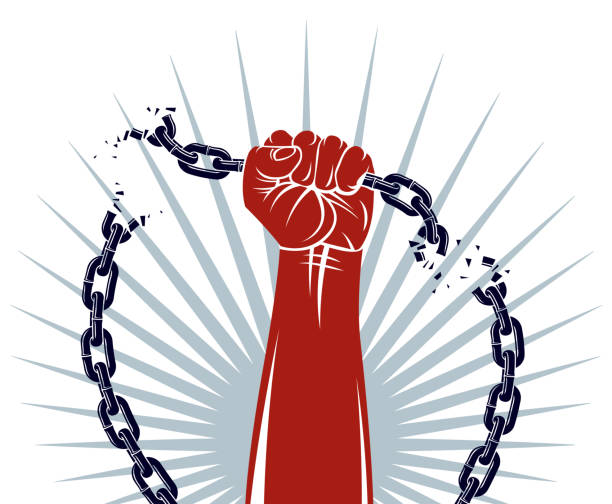 Slavery theme illustration with strong hand clenched fist fighting for freedom against chain, vector logo or tattoo, getting free, struggle for liberty. Slavery theme illustration with strong hand clenched fist fighting for freedom against chain, vector logo or tattoo, getting free, struggle for liberty. slavery stock illustrations