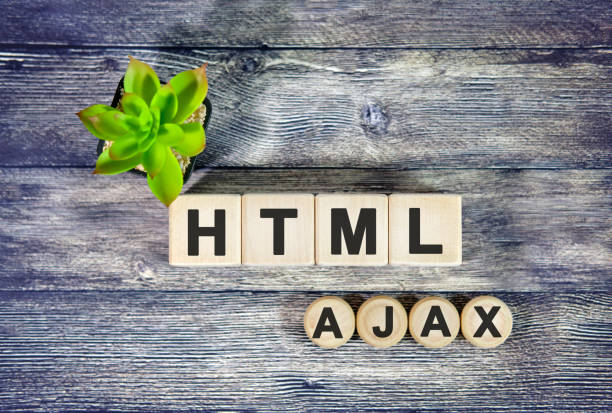 AJAX HTML - text on wooden cubes, green plant in black pot on a wooden background AJAX HTML - text on wooden cubes, green plant in black pot on a wooden background hypertext stock pictures, royalty-free photos & images
