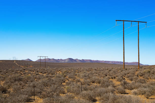 Wooden high voltage transmission line through arid Karoo region of Northern Cape, South Africa
