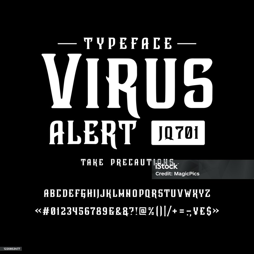 Typsnitt Virus varning. Vintage typsnitt design. - Royaltyfri Maskinskriven text vektorgrafik