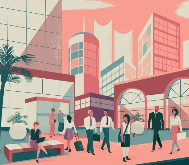 Vector illustration of Business city scene - diverse business people walking outside in cityscape