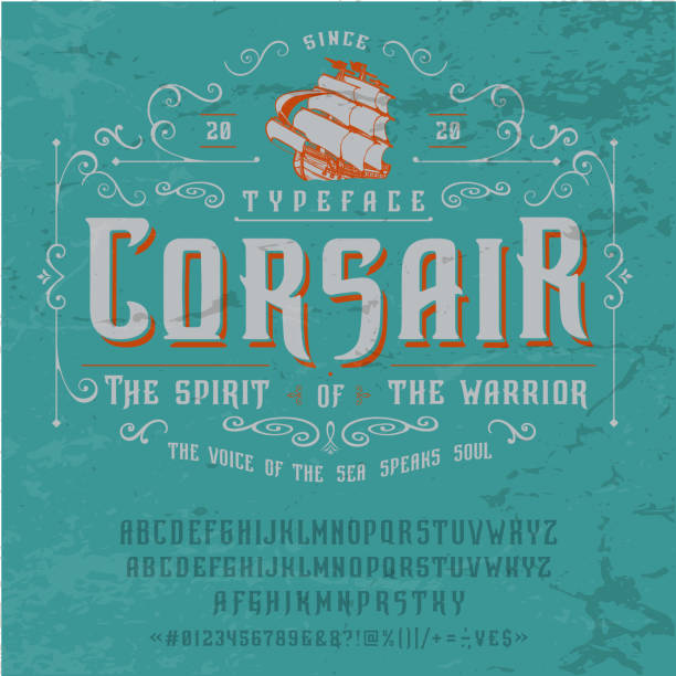 Font CORSAIR. Vintage typeface design. Font CORSAIR. Craft retro vintage typeface design. Graphic display alphabet. Fantasy style letters. Latin characters and numbers. Vector illustration. Old badge, label, logo template. west direction stock illustrations